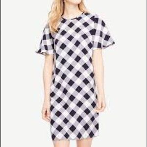 Ann Taylor Womens Dress 2 Navy Blue White Buffalo Check Plaid Shift Short Sleeve